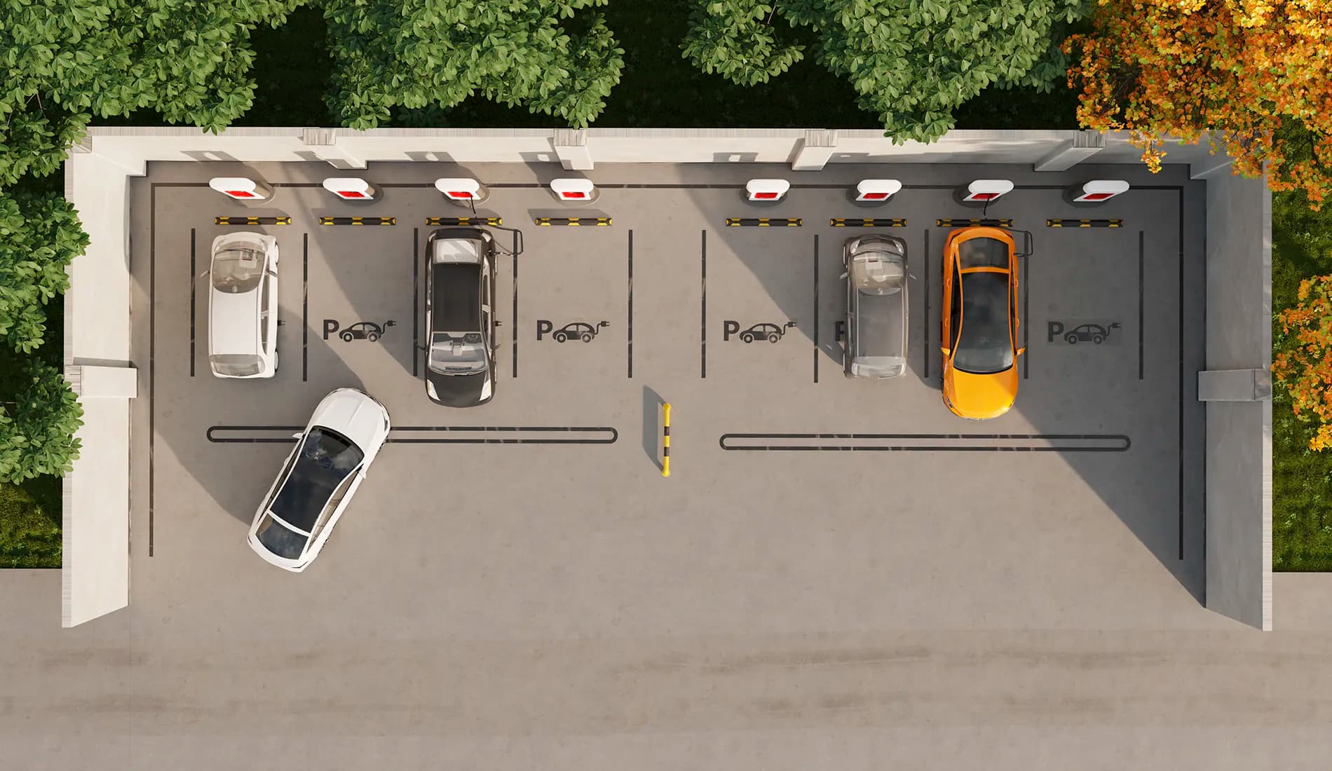 Top down of a parking lot with cars charging