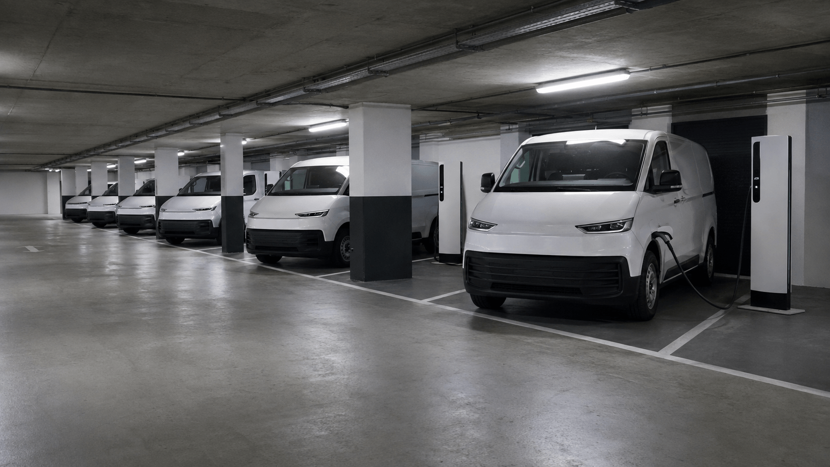 EVODS electric fleet vehicles charging at single-port EVODS chargers