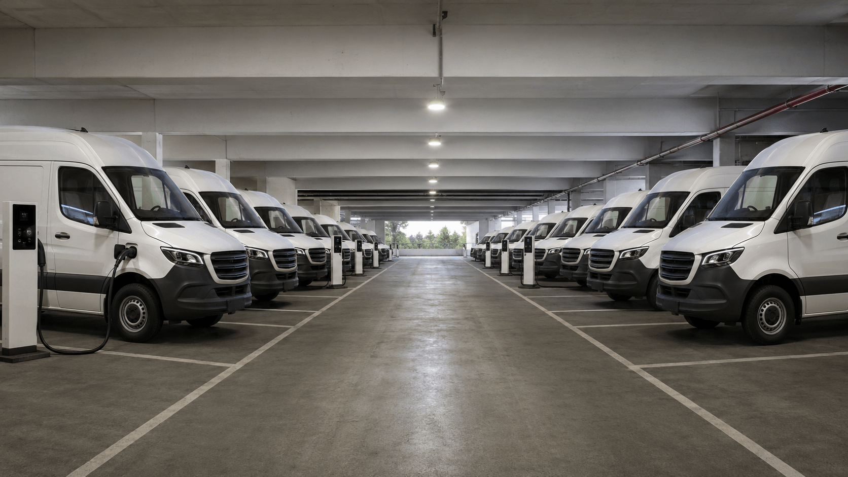 Electric fleet vans charging at an EVODS Fleet Hub