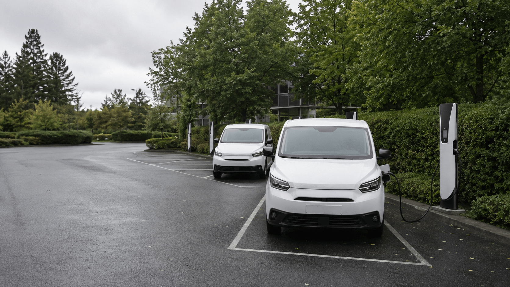 Five properly scaled EVs in normal-sized parking stalls, including Tesla, Hyundai, Toyota, and Chevrolet models, served by EVODS chargers at a commercial office property