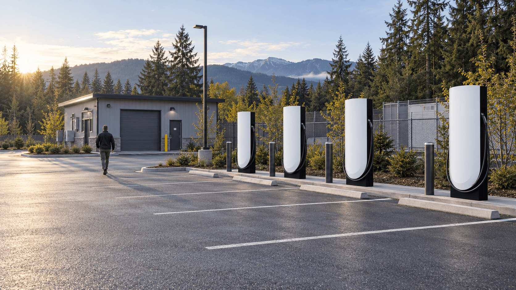 A row of V4 charging bays beside a service building in a Washington setting