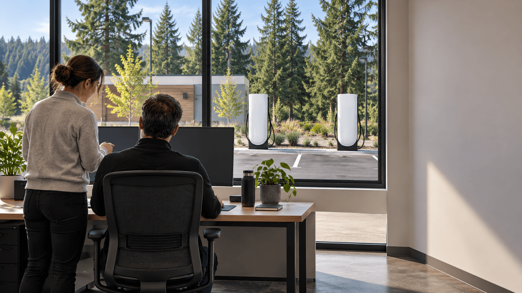 Two EVODS operators at a desk, with V4 chargers visible through the window