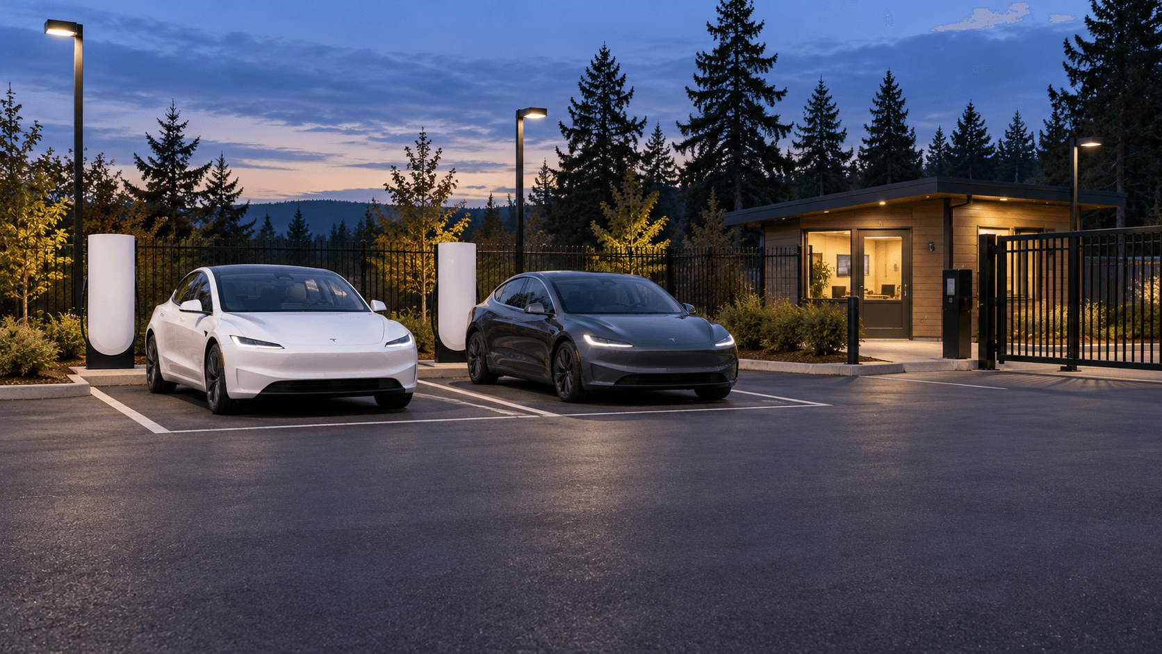 Teslas parked overnight inside a gated, illuminated parking facility